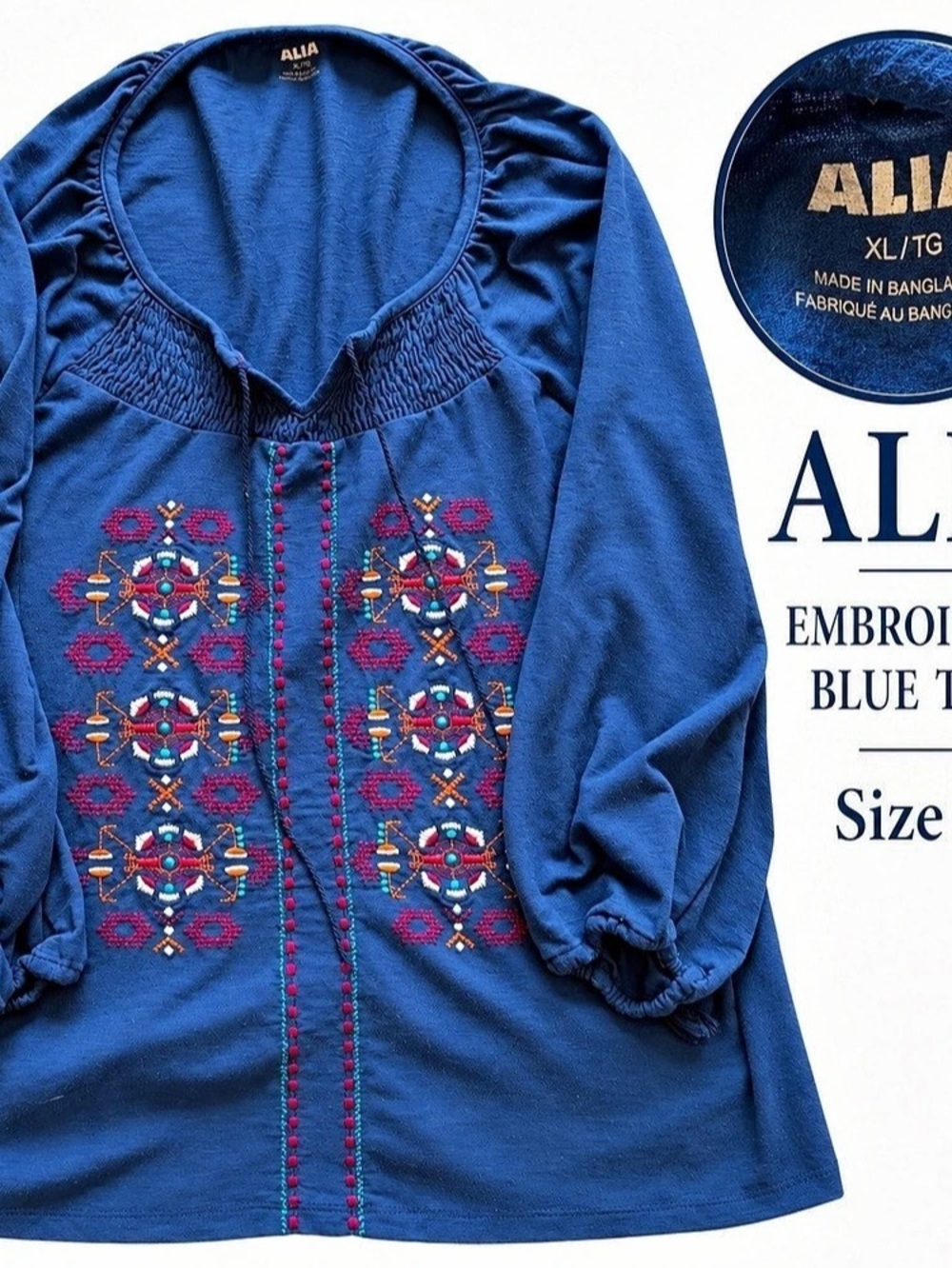 ALIA Embroidered Blue Tunic Size XL Like New